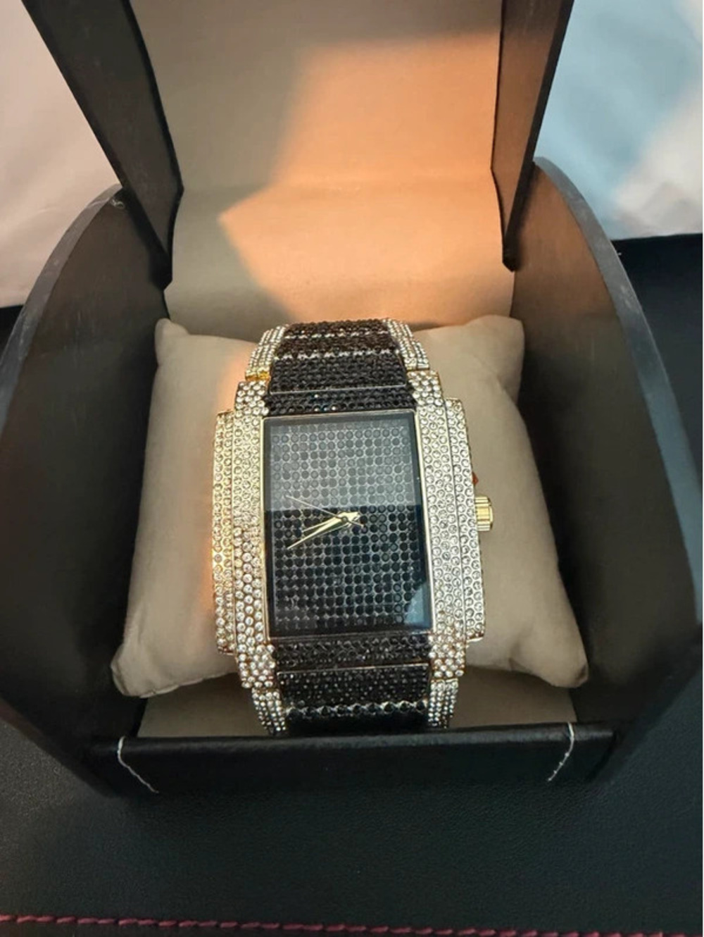 #596  42mm Luxury Iced Out Bling Chandelier Watch – Black & Gold Tone